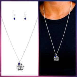 Patriotic Silvertone and Blue Pendant Necklace and Earring Set NWT